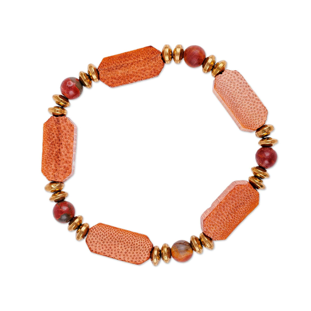 Handmade Jasper Hematite and Wood Beaded Stretch Bracelet - Tree Bark Flair