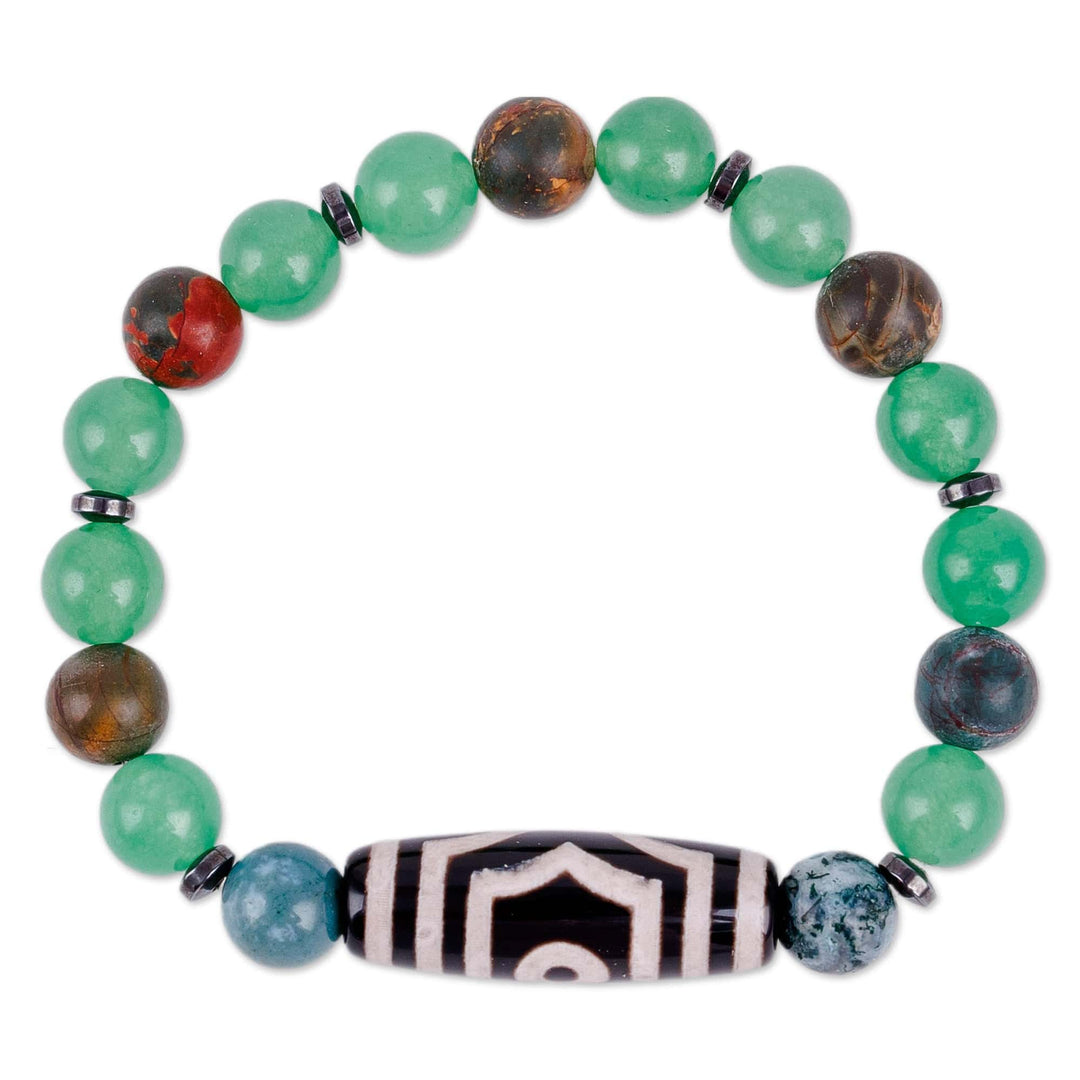 3-Eyed Dzi Multi-Gemstone Beaded Stretch Pendant Bracelet - Three-Eyed Dzi