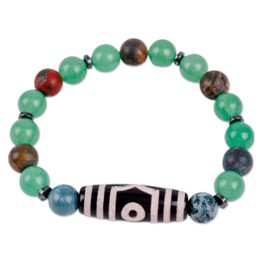 3-Eyed Dzi Multi-Gemstone Beaded Stretch Pendant Bracelet - Three-Eyed Dzi