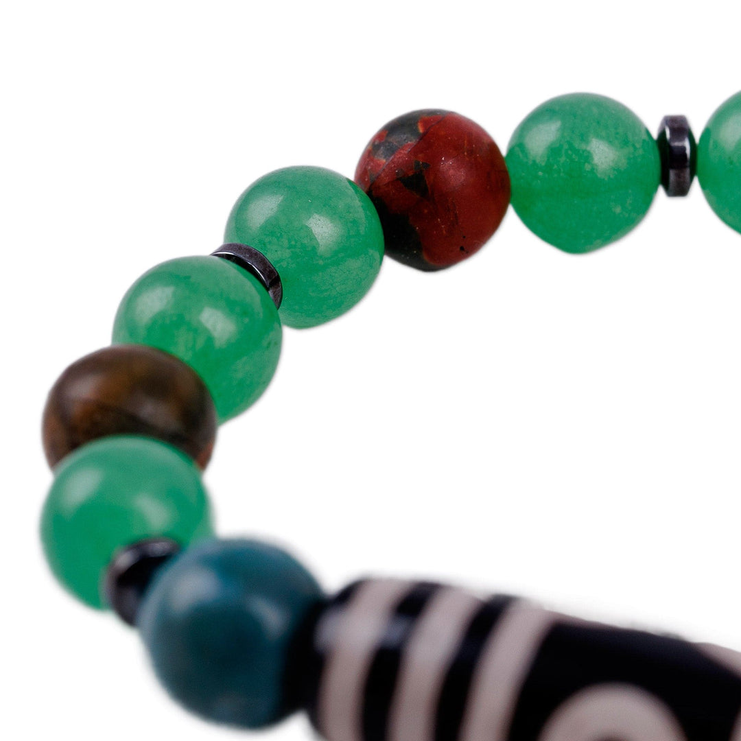 3-Eyed Dzi Multi-Gemstone Beaded Stretch Pendant Bracelet - Three-Eyed Dzi