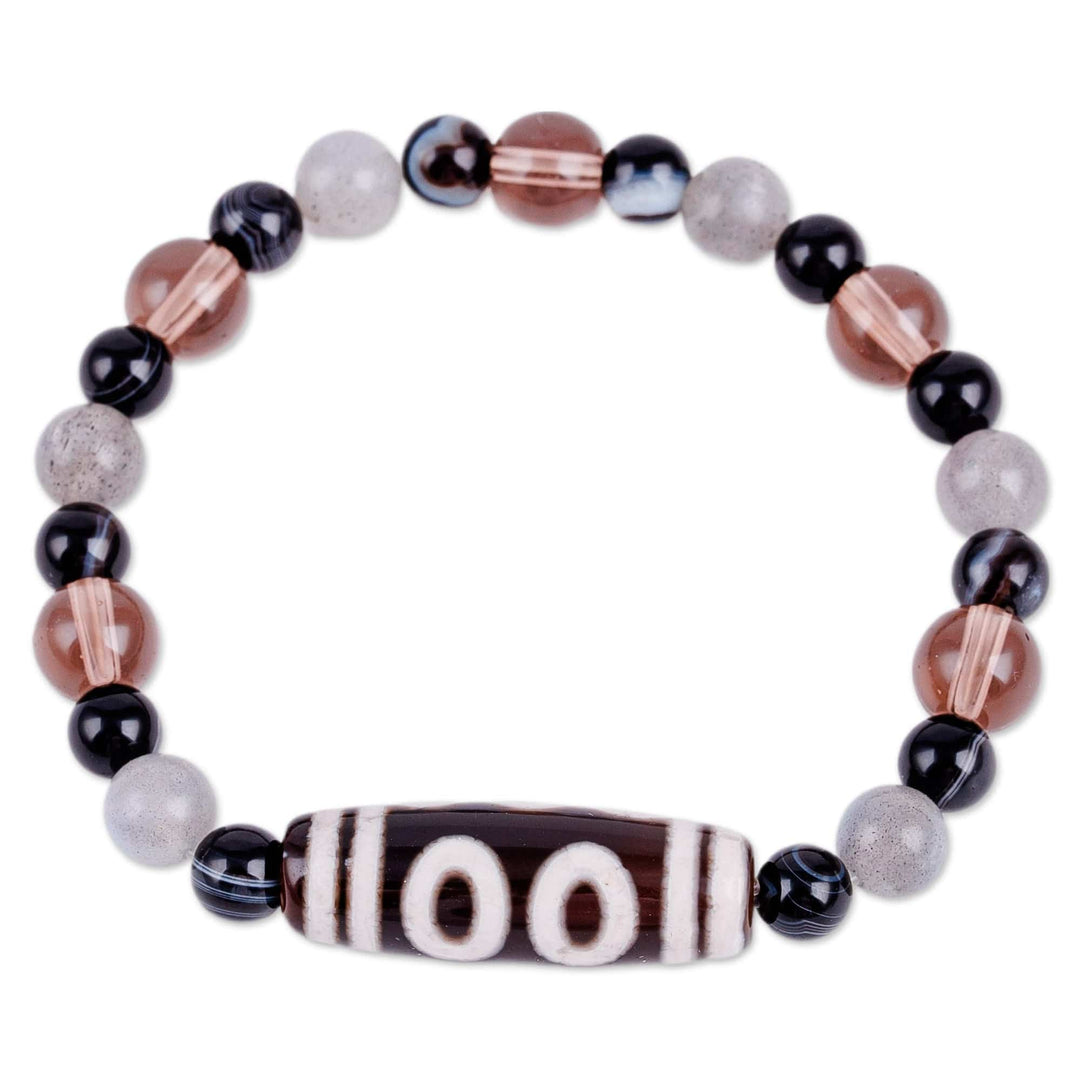 5-Eyed Dzi Multi-Gemstone Beaded Stretch Pendant Bracelet - Five-Eyed Dzi