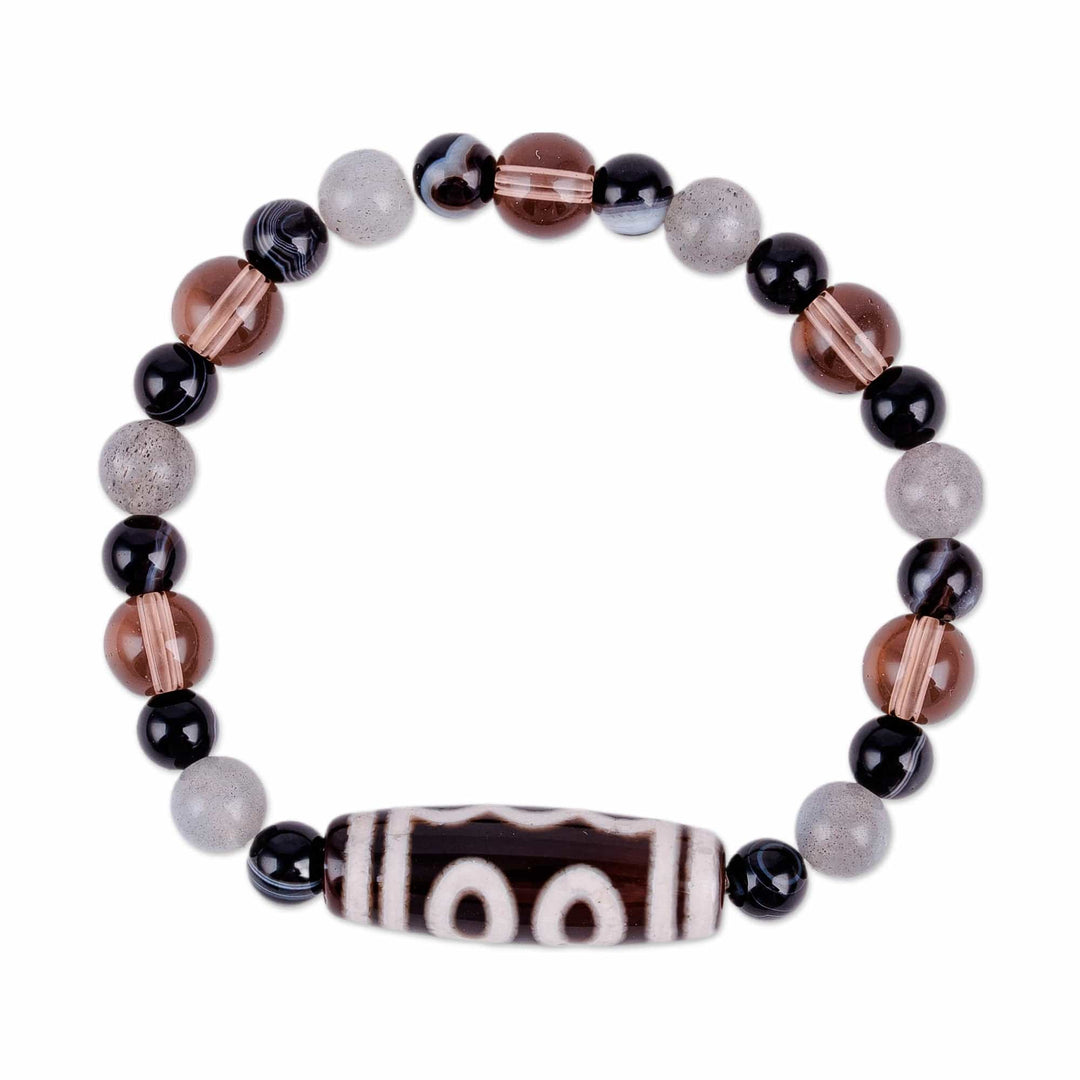 5-Eyed Dzi Multi-Gemstone Beaded Stretch Pendant Bracelet - Five-Eyed Dzi