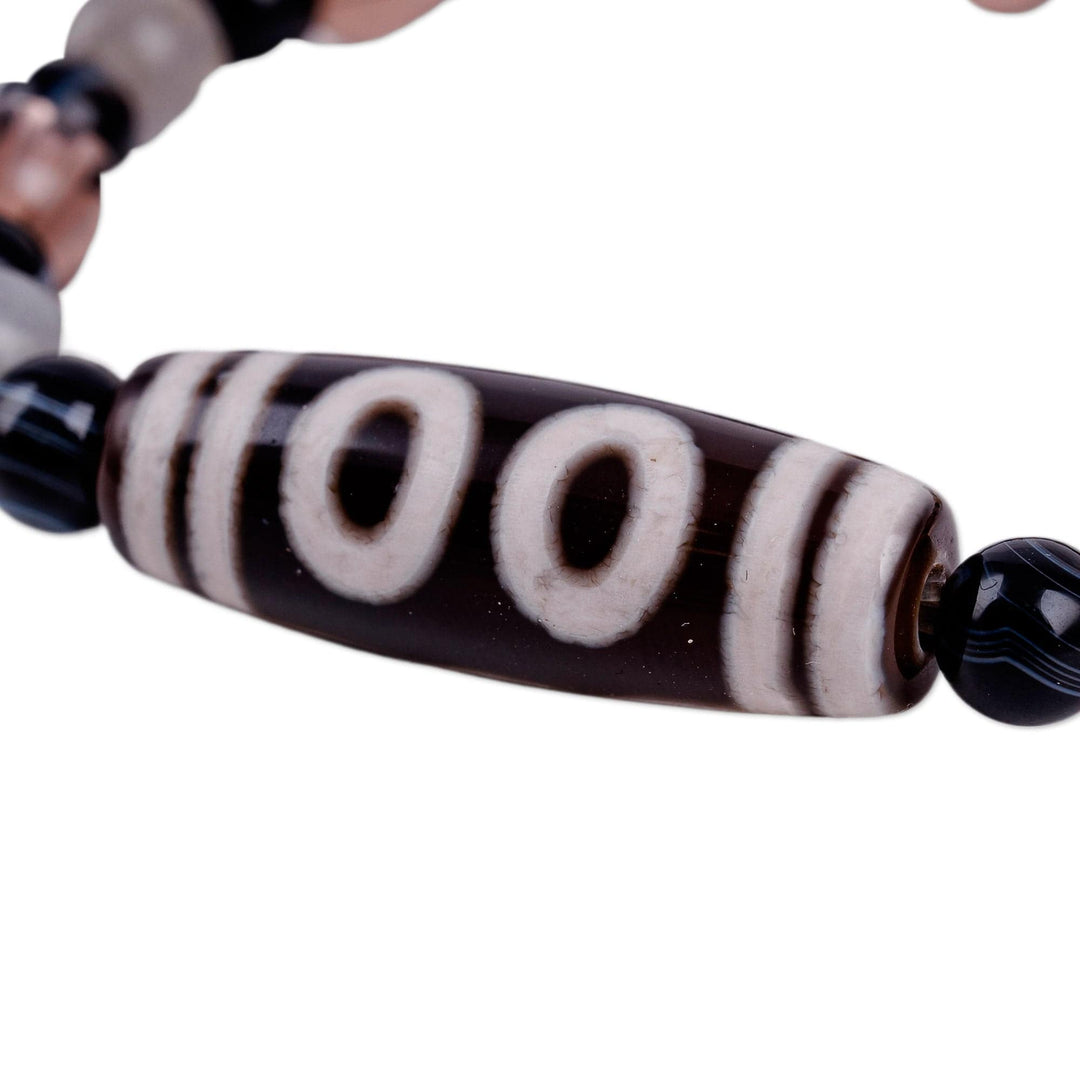 5-Eyed Dzi Multi-Gemstone Beaded Stretch Pendant Bracelet - Five-Eyed Dzi
