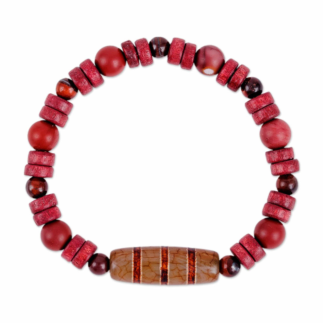 Striped Dzi Multi-Gemstone Beaded Stretch Pendant Bracelet - Striped Dzi