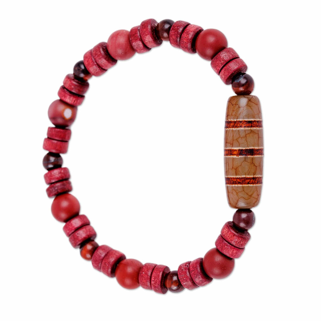 Striped Dzi Multi-Gemstone Beaded Stretch Pendant Bracelet - Striped Dzi
