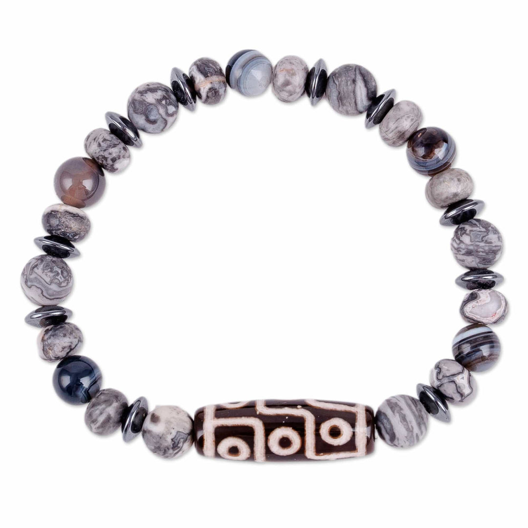 9-Eyed Dzi Multi-Gemstone Beaded Stretch Pendant Bracelet - Nine-Eyed Dzi