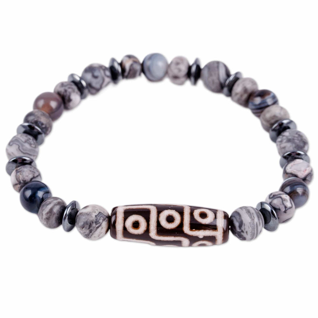9-Eyed Dzi Multi-Gemstone Beaded Stretch Pendant Bracelet - Nine-Eyed Dzi