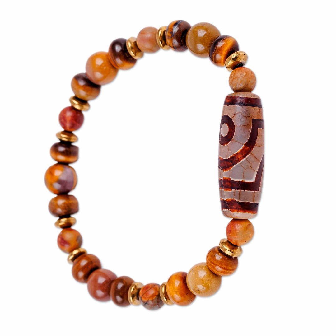2-Eyed Dzi Multi-Gemstone Beaded Stretch Pendant Bracelet - Two-Eyed Dzi