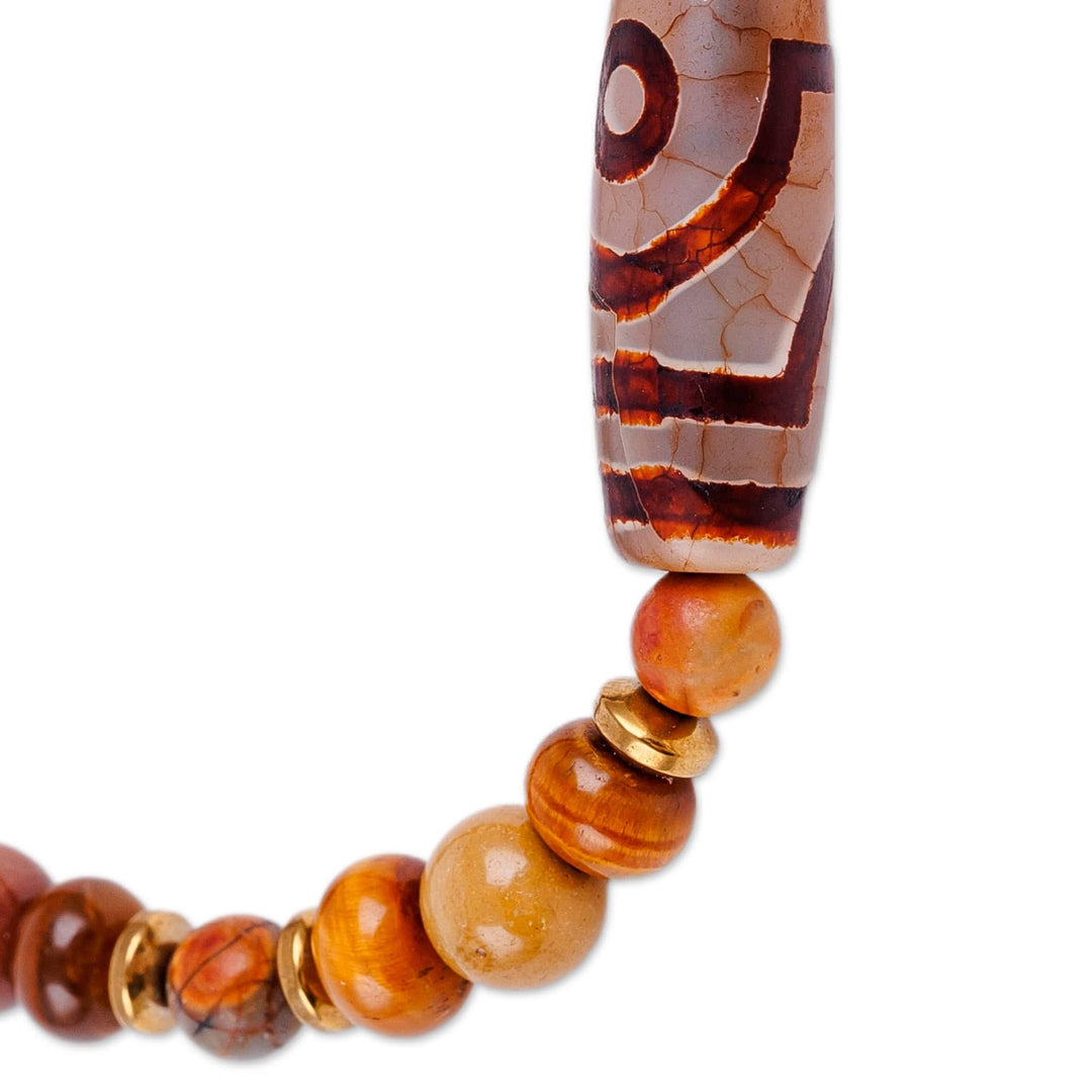 2-Eyed Dzi Multi-Gemstone Beaded Stretch Pendant Bracelet - Two-Eyed Dzi