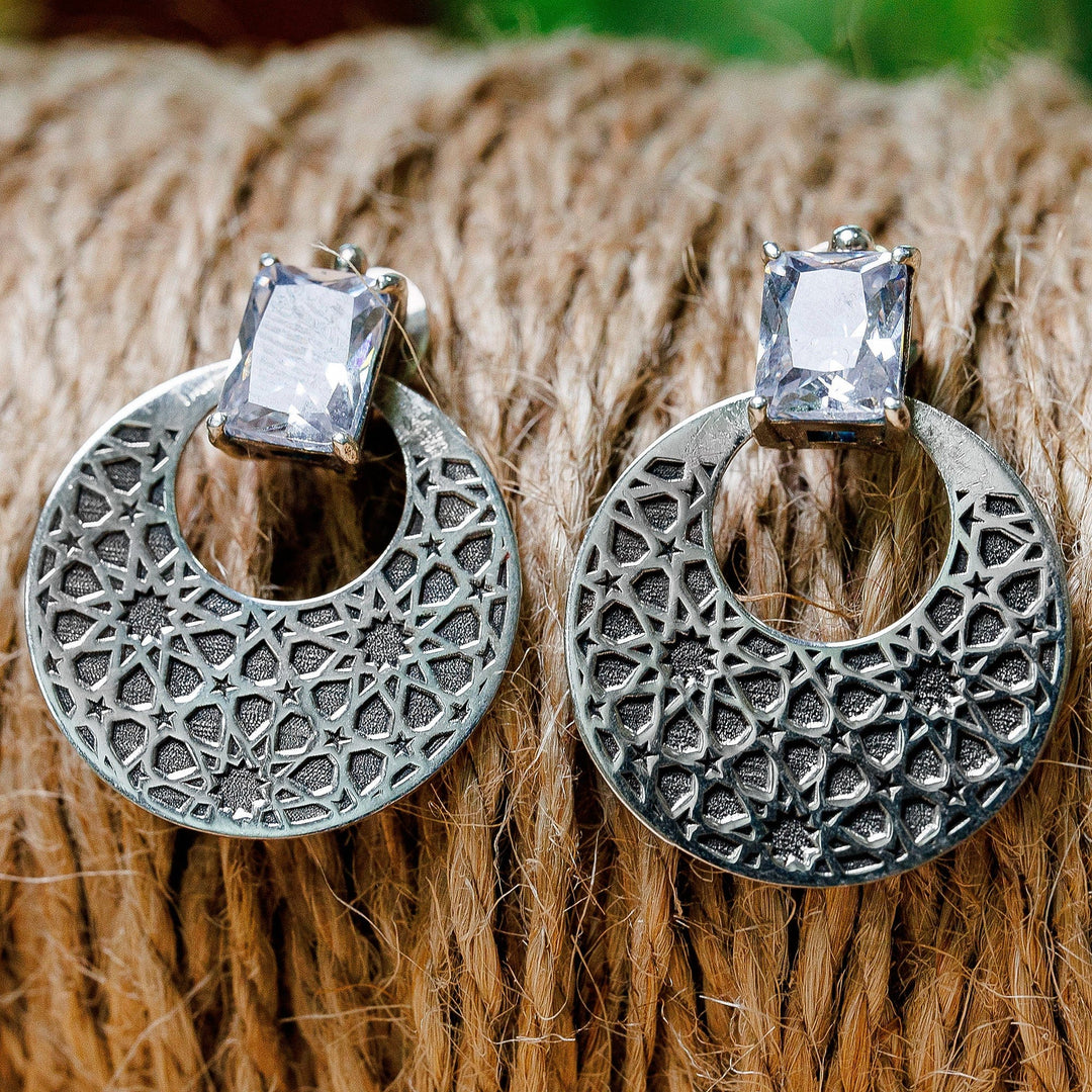 Star Themed Dangle Earrings with Clear Cubic Zirconia Gems Celestial GlobeIn
