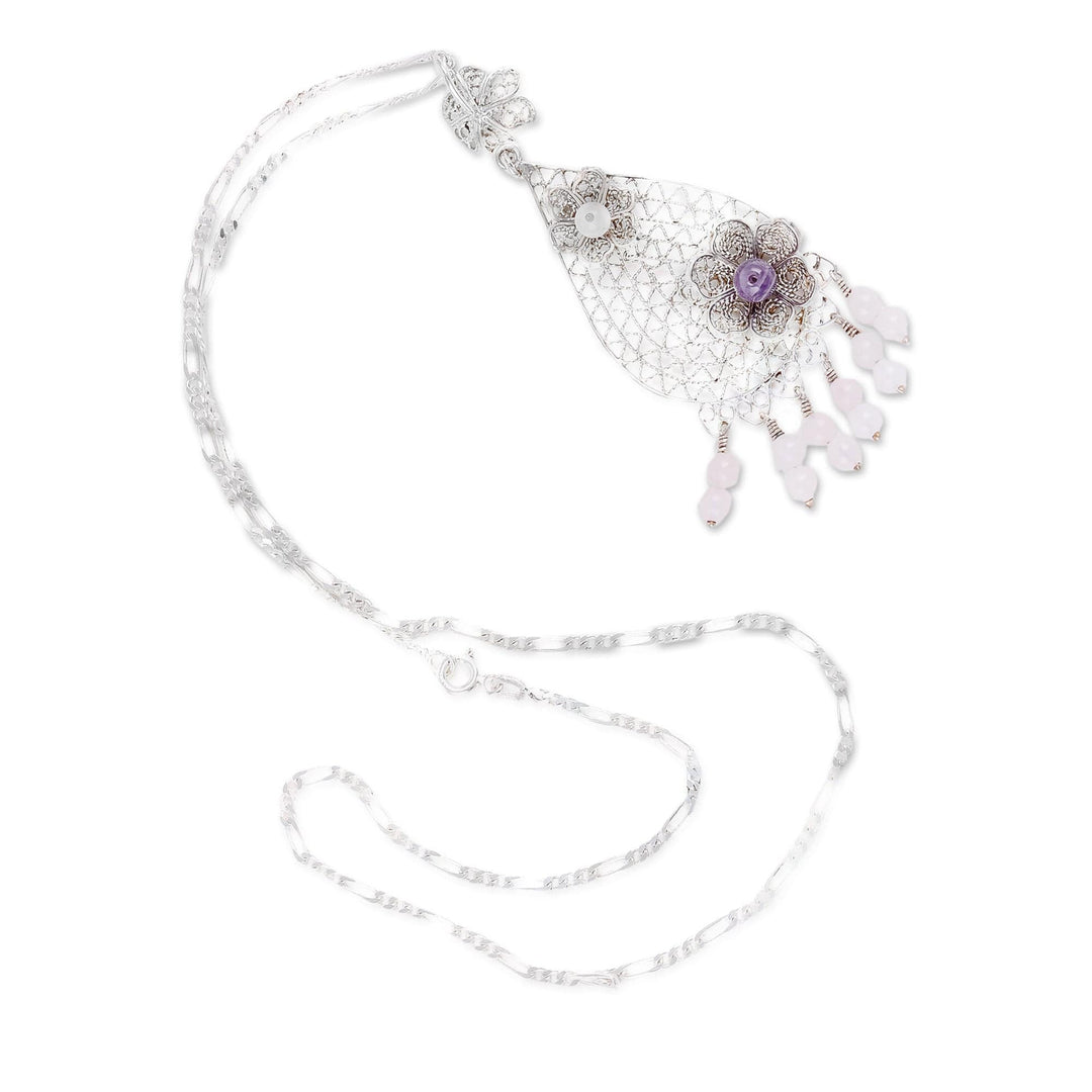 Amethyst and Rose Quartz Floral Filigree Pendant Necklace - Elysium Divinity