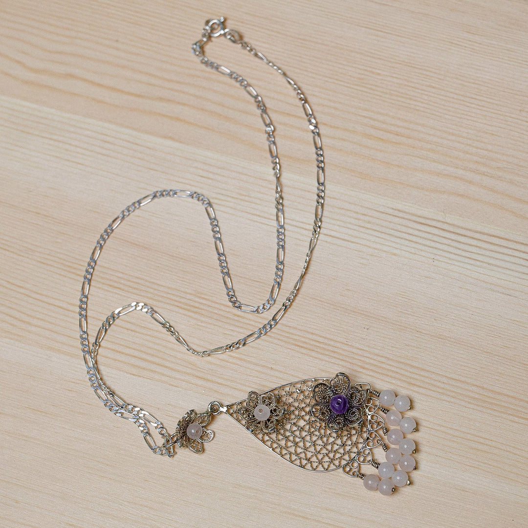 Amethyst and Rose Quartz Floral Filigree Pendant Necklace - Elysium Divinity