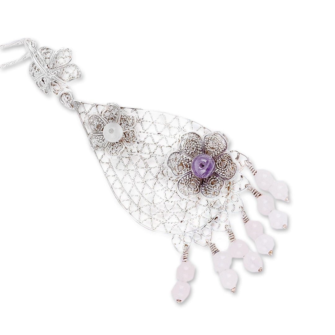 Amethyst and Rose Quartz Floral Filigree Pendant Necklace - Elysium Divinity