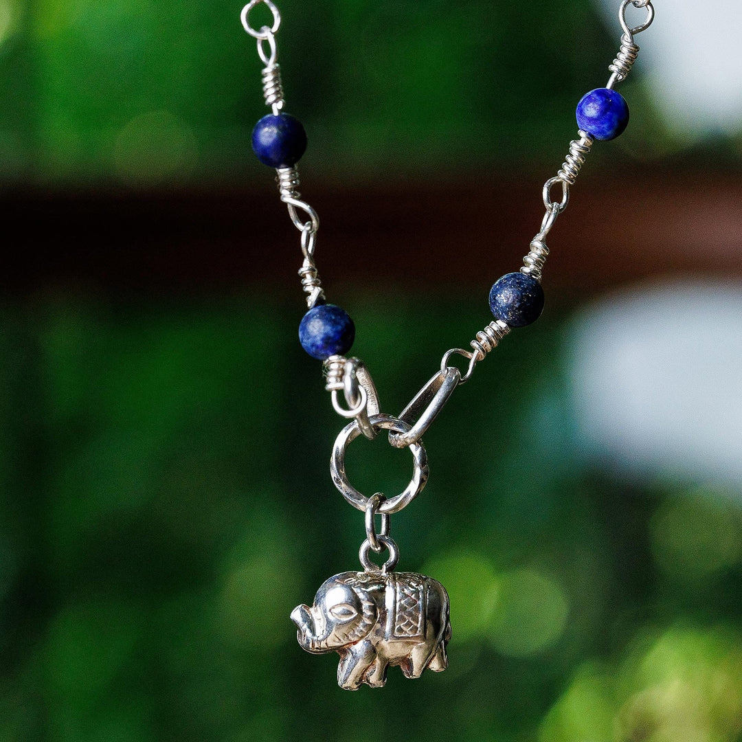 Elephant-Themed Lapis Lazuli Link Choker Pendant Necklace - The Sage Giant