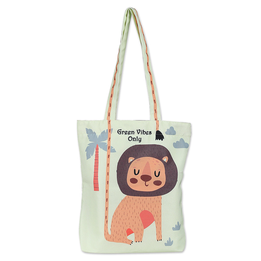 Printed Inspirational Lion-Themed Green Cotton Tote Bag - Lion's Advice