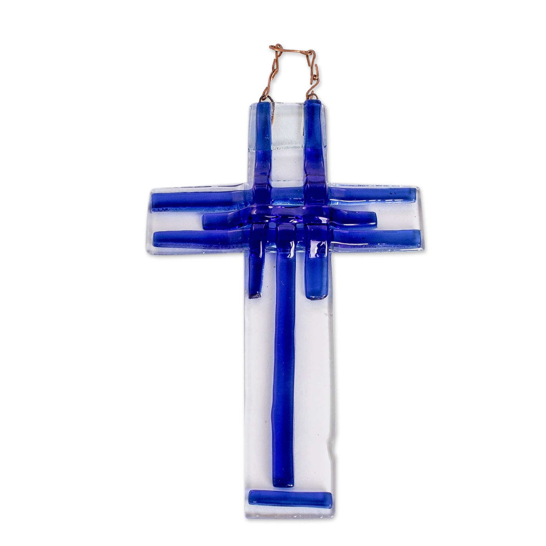 Handcrafted Blue Float Glass Wall Cross from Costa Rica - Intuitive Prayer