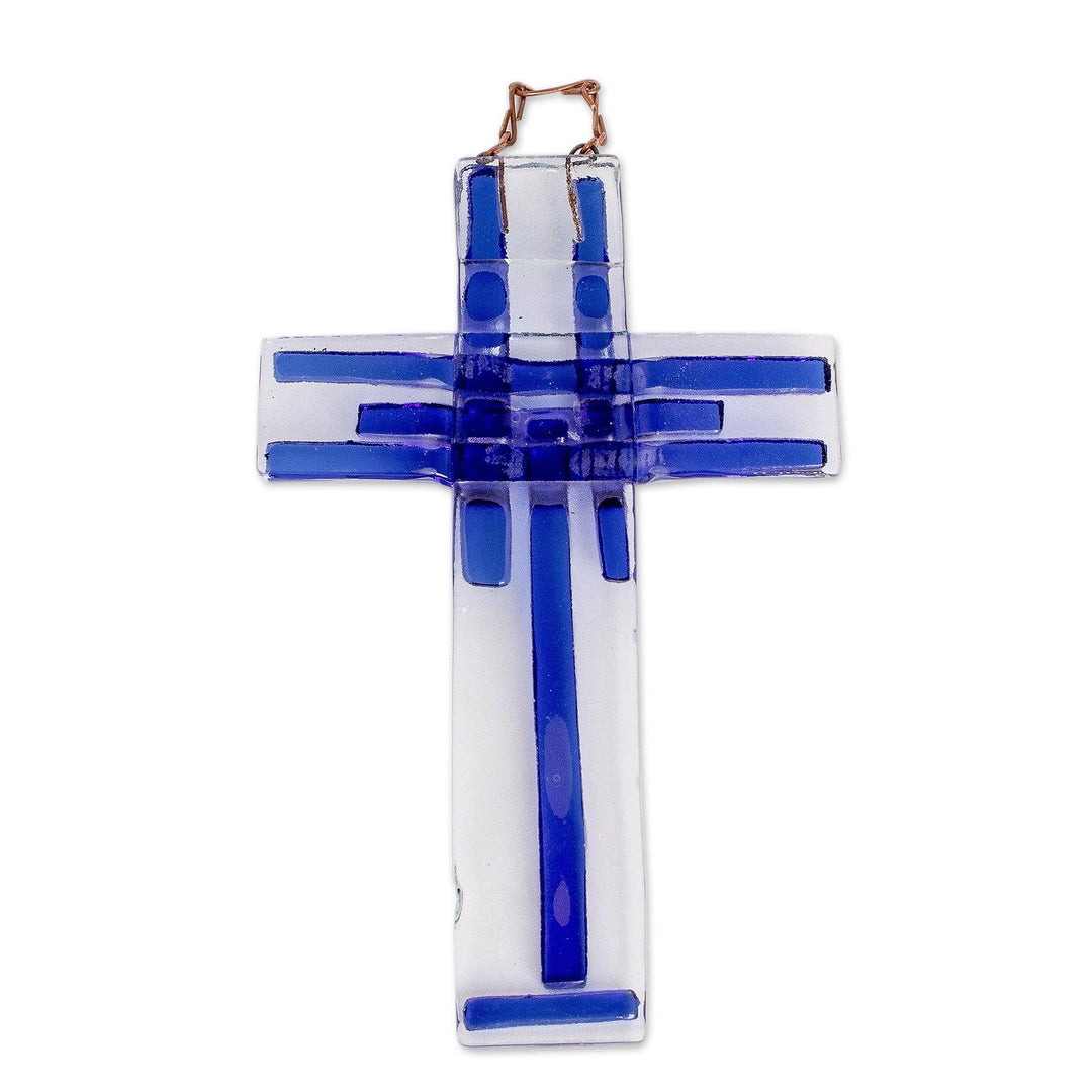 Handcrafted Blue Float Glass Wall Cross from Costa Rica - Intuitive Prayer