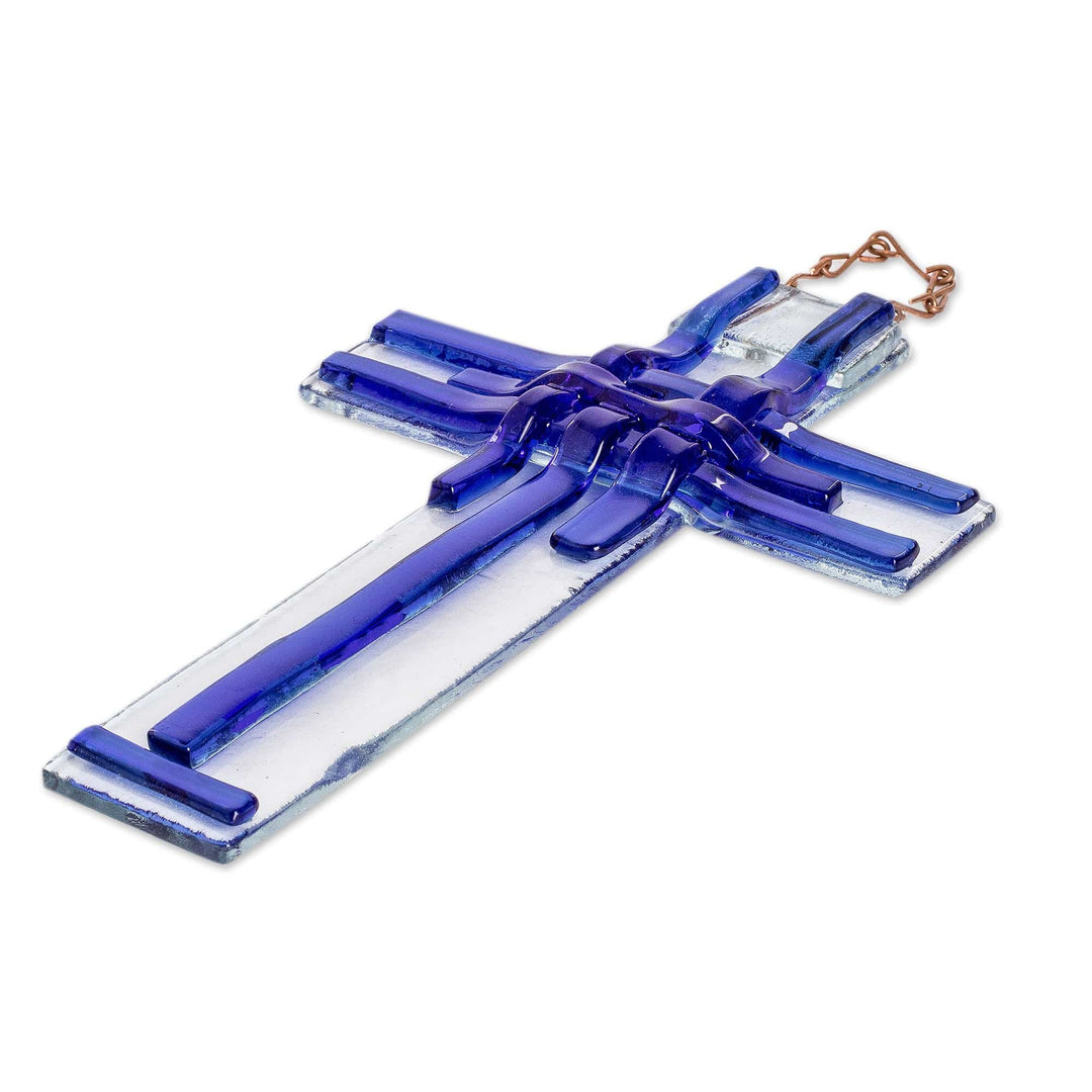 Handcrafted Blue Float Glass Wall Cross from Costa Rica - Intuitive Prayer