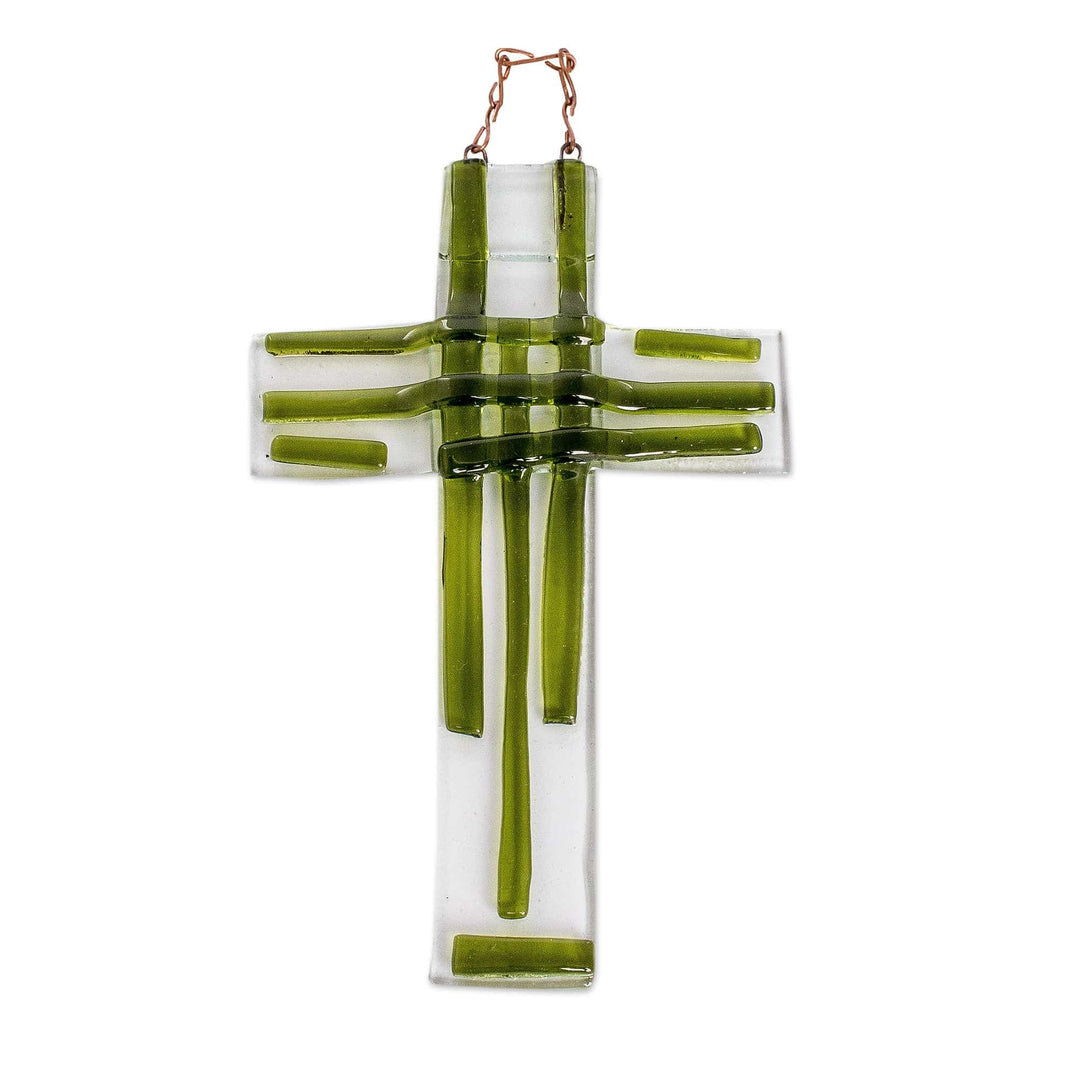 Handmade Dark Green Float Glass Wall Cross from Costa Rica - Forest Prayer