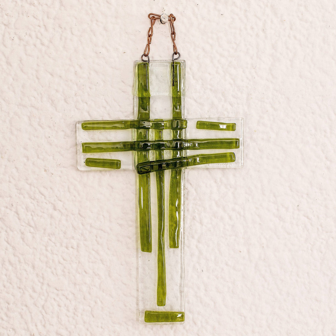 Handmade Dark Green Float Glass Wall Cross from Costa Rica - Forest Prayer
