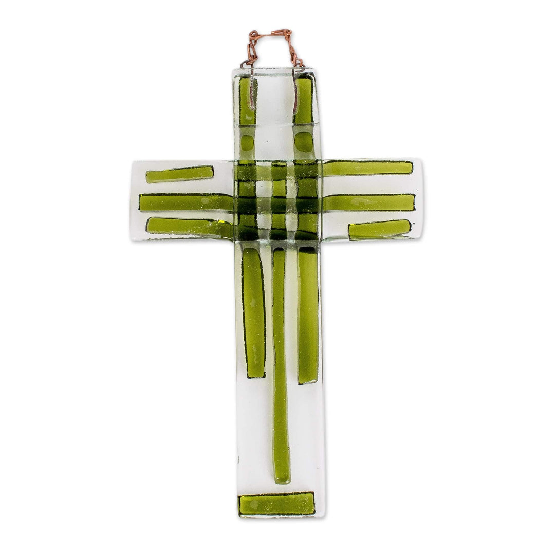 Handmade Dark Green Float Glass Wall Cross from Costa Rica - Forest Prayer