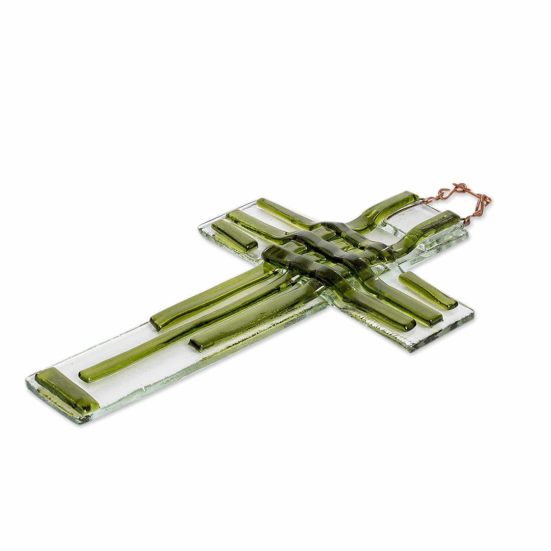 Handmade Dark Green Float Glass Wall Cross from Costa Rica - Forest Prayer