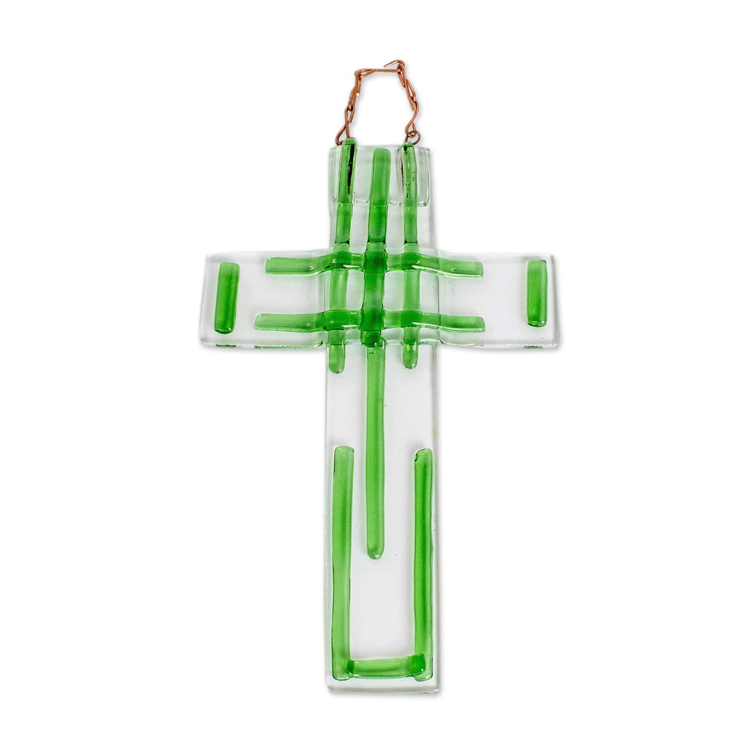 Handmade Bright Green Float Glass Wall Cross from Costa Rica - Fortunate Prayer