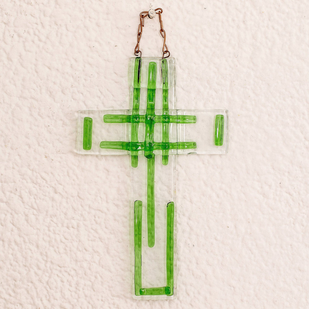 Handmade Bright Green Float Glass Wall Cross from Costa Rica - Fortunate Prayer