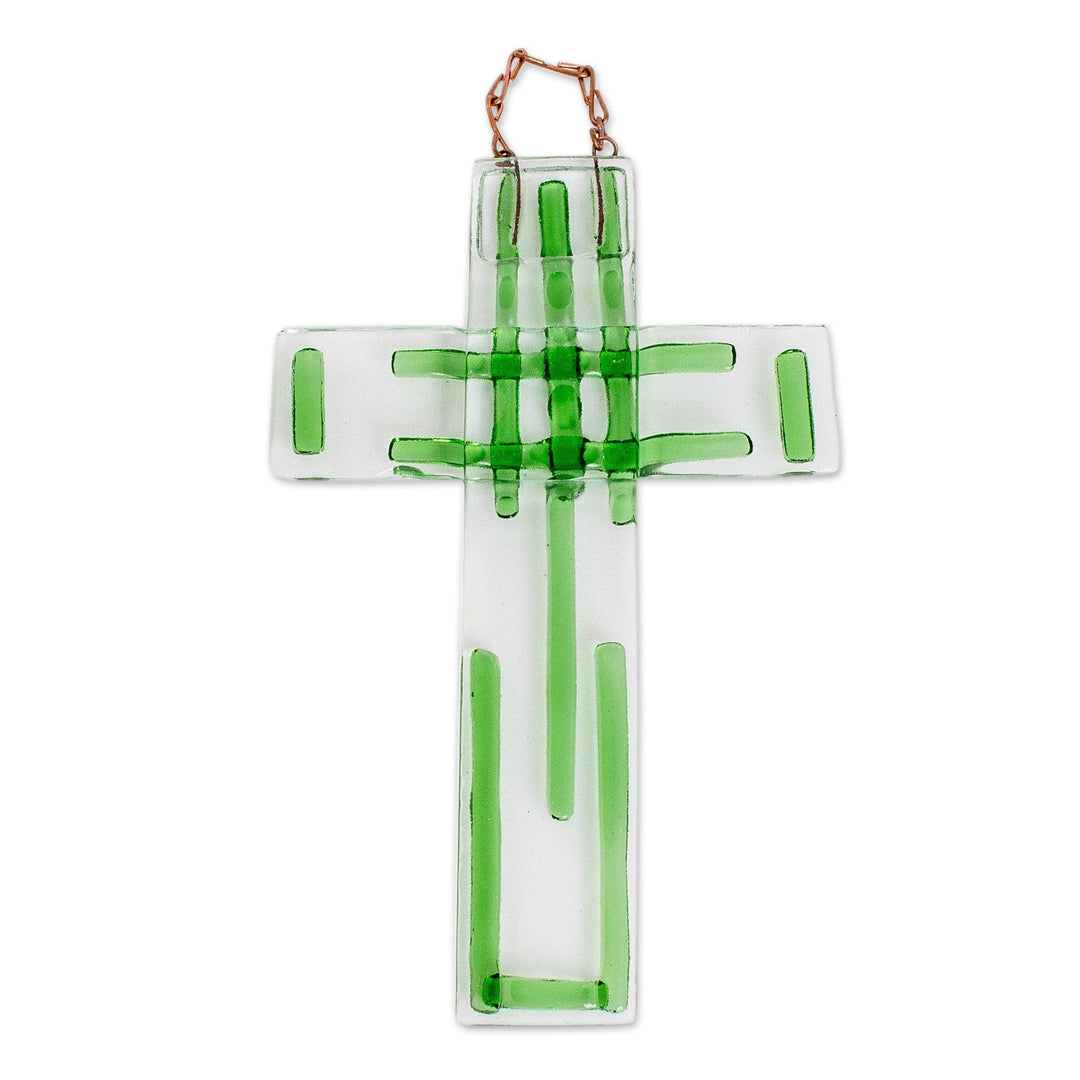 Handmade Bright Green Float Glass Wall Cross from Costa Rica - Fortunate Prayer