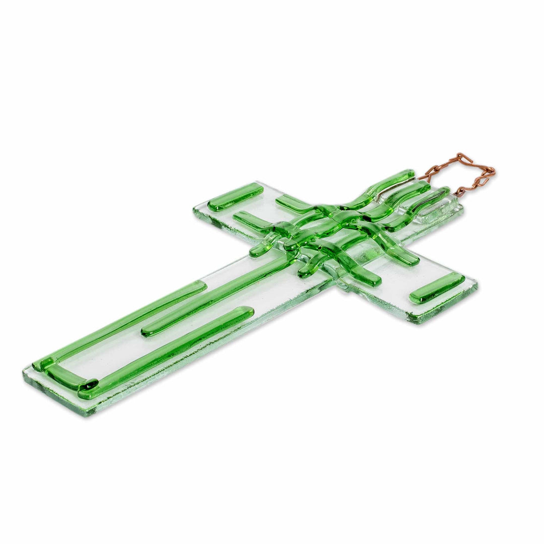 Handmade Bright Green Float Glass Wall Cross from Costa Rica - Fortunate Prayer