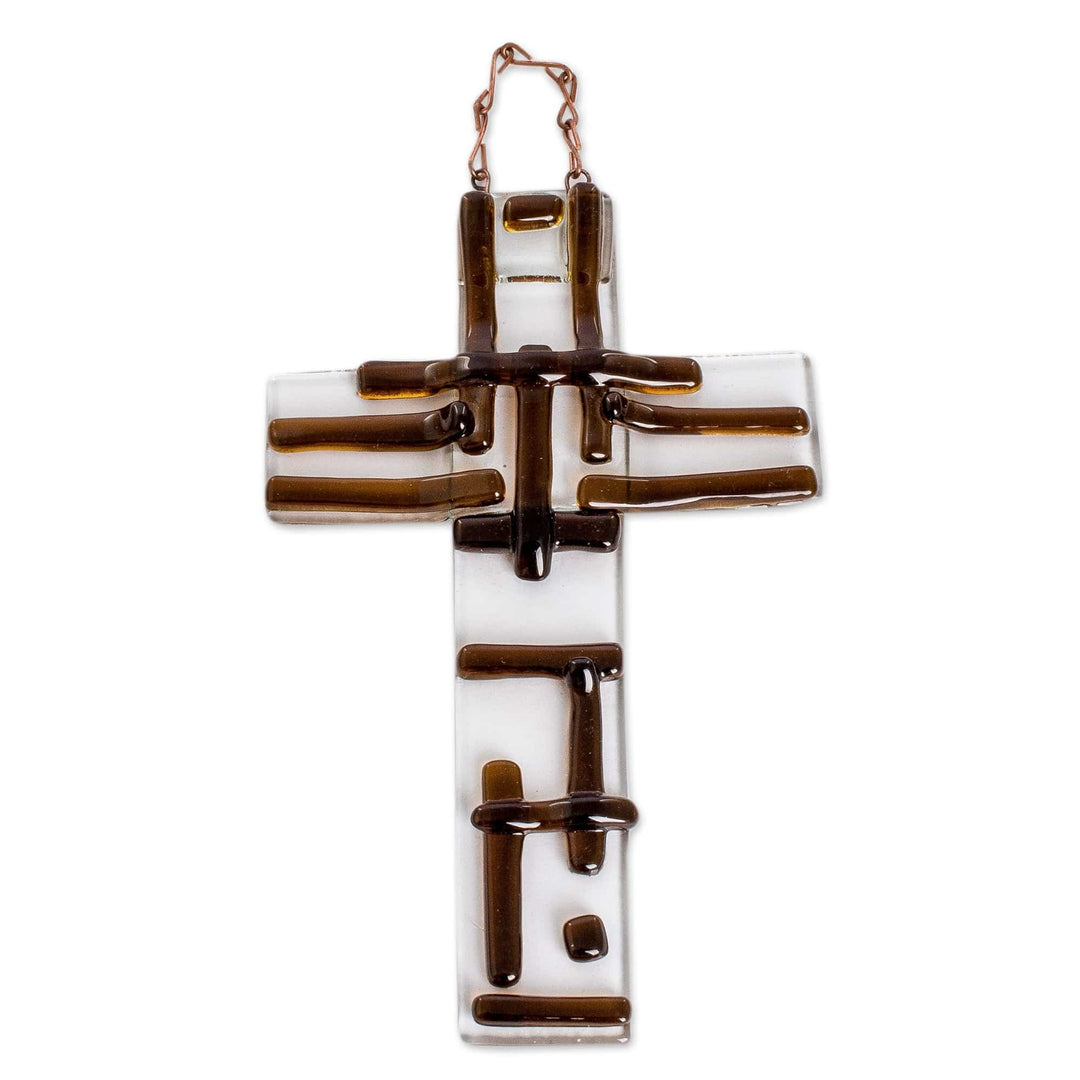 Handcrafted Brown Float Glass Wall Cross from Costa Rica - Strong Prayer