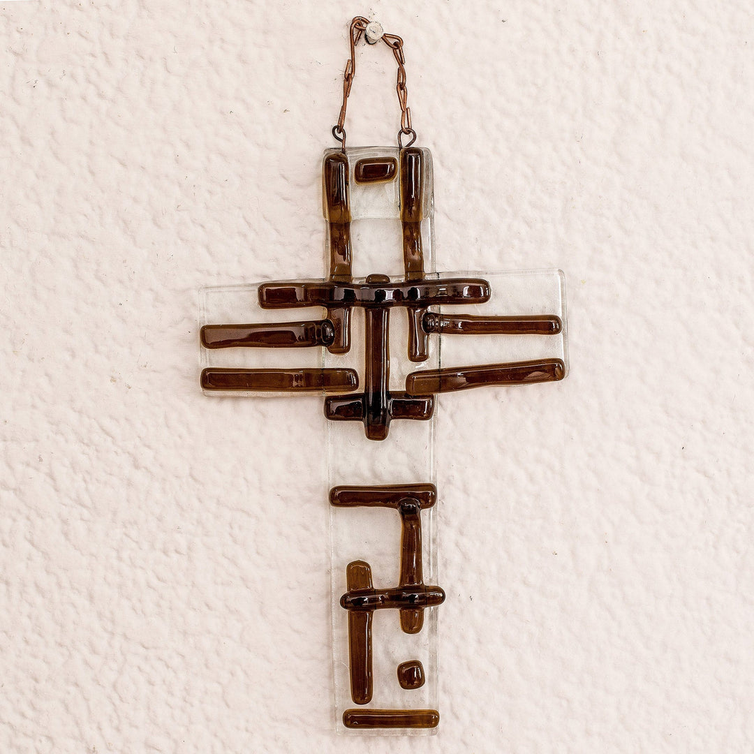 Handcrafted Brown Float Glass Wall Cross from Costa Rica - Strong Prayer