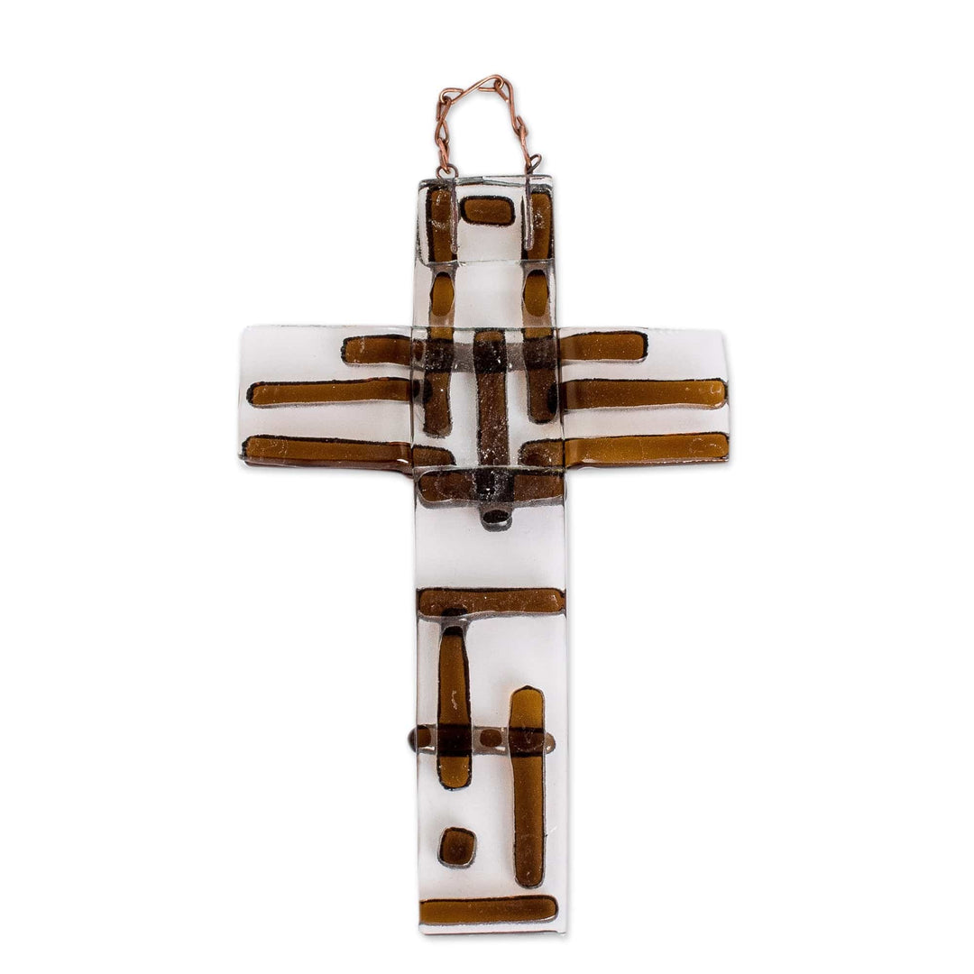 Handcrafted Brown Float Glass Wall Cross from Costa Rica - Strong Prayer