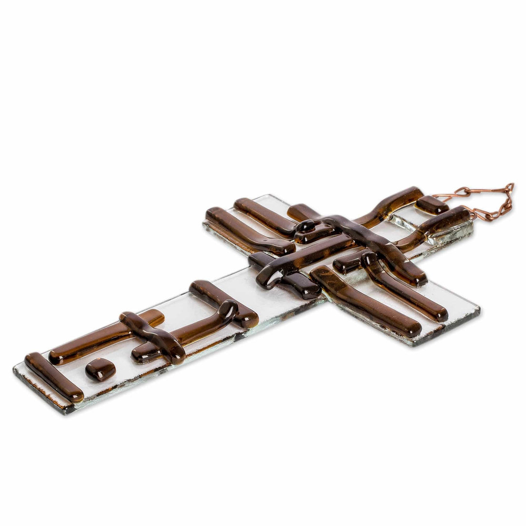 Handcrafted Brown Float Glass Wall Cross from Costa Rica - Strong Prayer