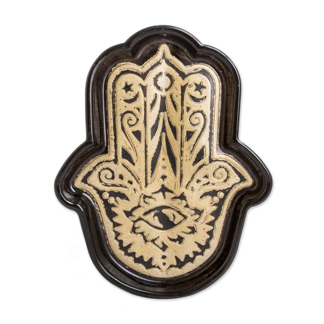 Handcrafted Hamsa-Shaped Black and Golden Resin Catchall - Magnificent Hamsa