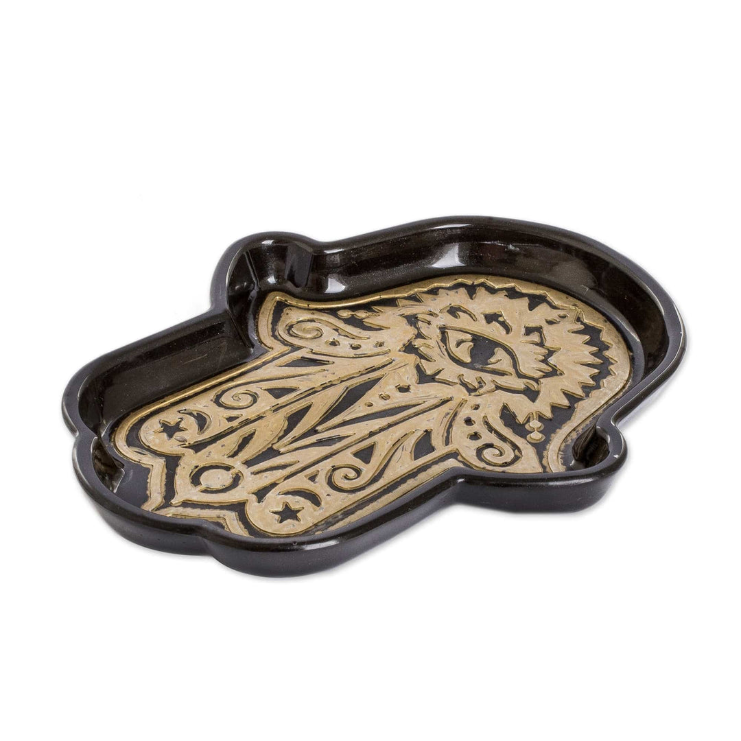 Handcrafted Hamsa-Shaped Black and Golden Resin Catchall - Magnificent Hamsa