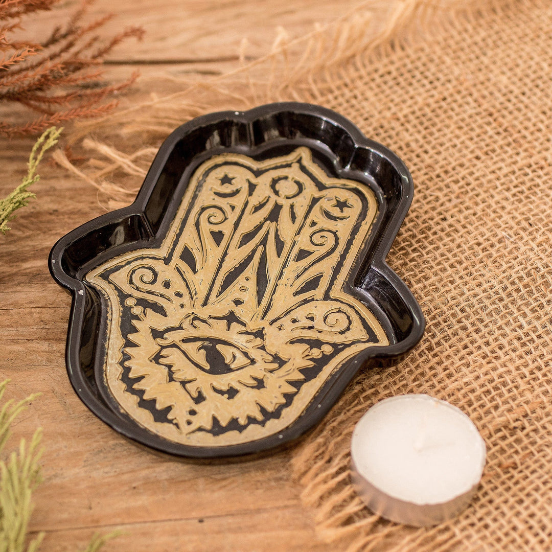Handcrafted Hamsa-Shaped Black and Golden Resin Catchall - Magnificent Hamsa