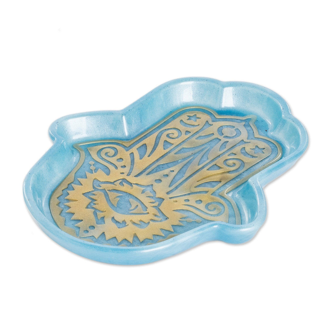 Handcrafted Hamsa-Shaped Blue and Golden Resin Catchall - Serene Hamsa
