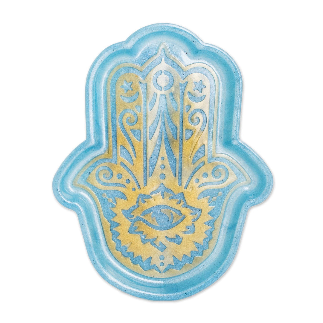 Handcrafted Hamsa-Shaped Blue and Golden Resin Catchall - Serene Hamsa
