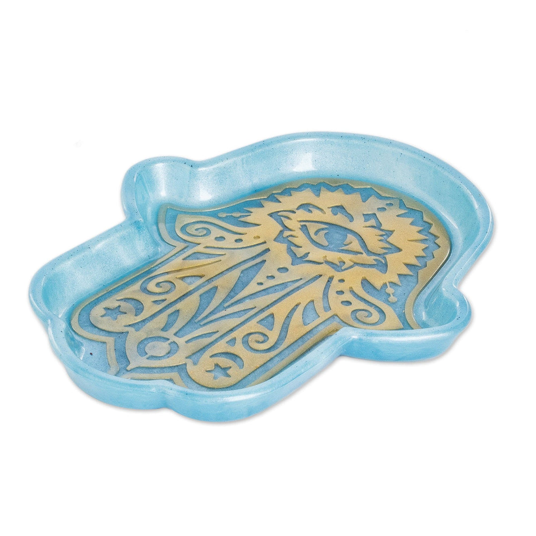Handcrafted Hamsa-Shaped Blue and Golden Resin Catchall - Serene Hamsa