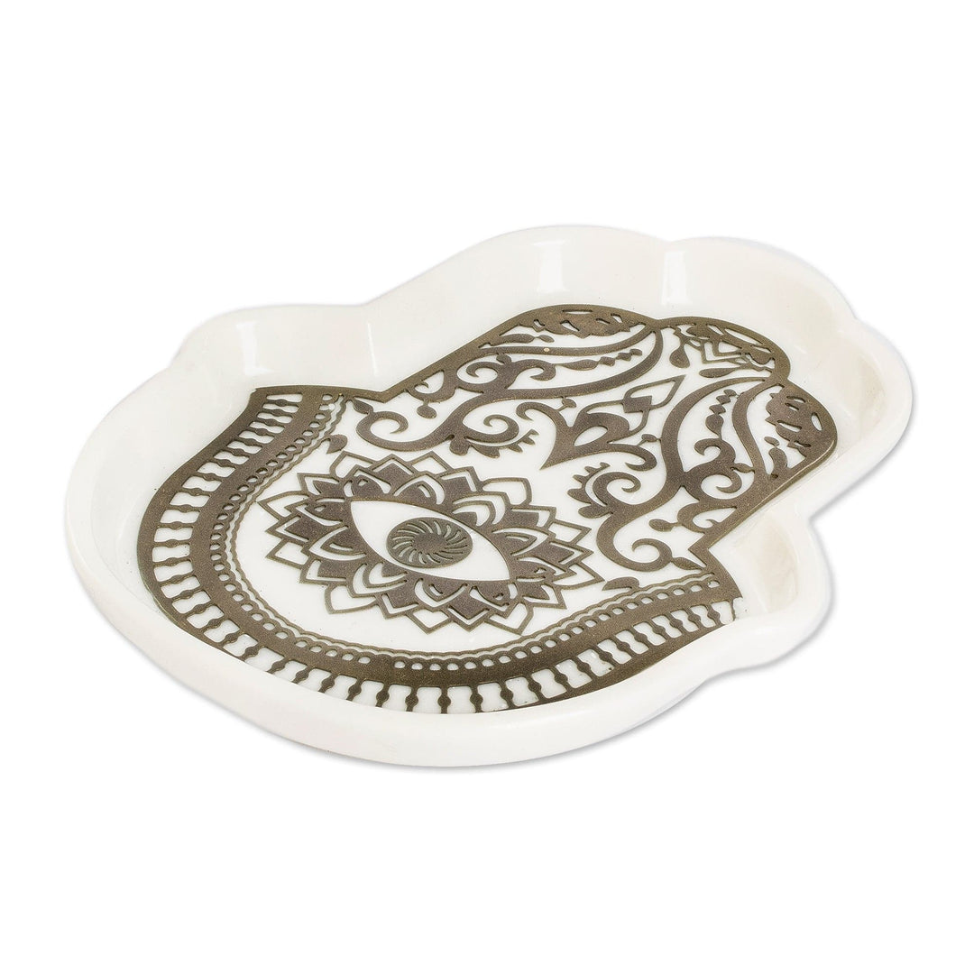 Handcrafted Hamsa-Shaped White and Golden Resin Catchall - Heavenly Hamsa