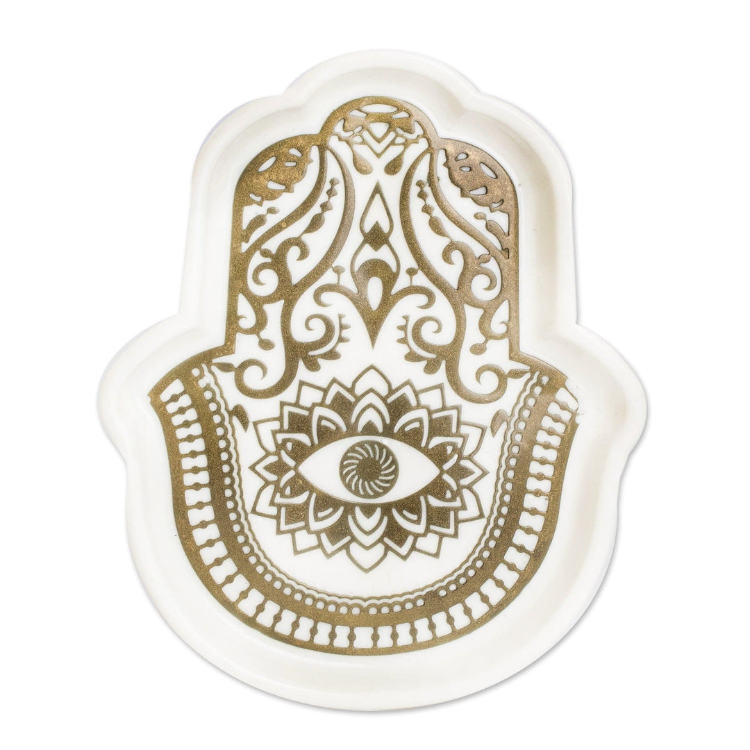 Handcrafted Hamsa-Shaped White and Golden Resin Catchall - Heavenly Hamsa