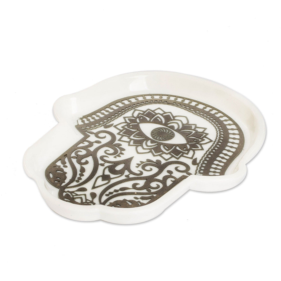 Handcrafted Hamsa-Shaped White and Golden Resin Catchall - Heavenly Hamsa