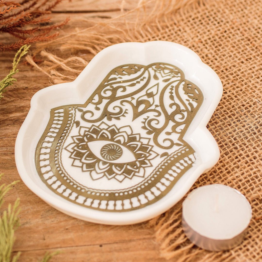Handcrafted Hamsa-Shaped White and Golden Resin Catchall - Heavenly Hamsa
