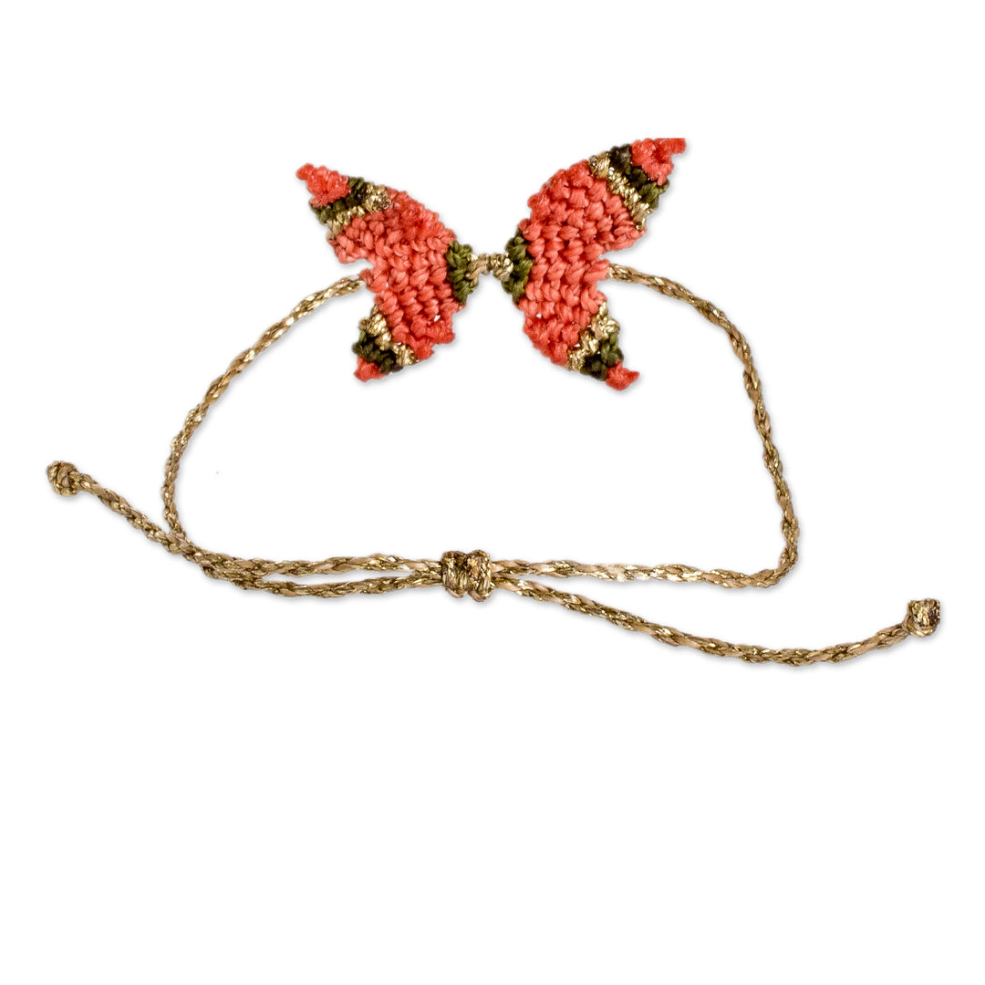 Handmade Butterfly-Themed Red Macrame Pendant Bracelet - Pink Hope