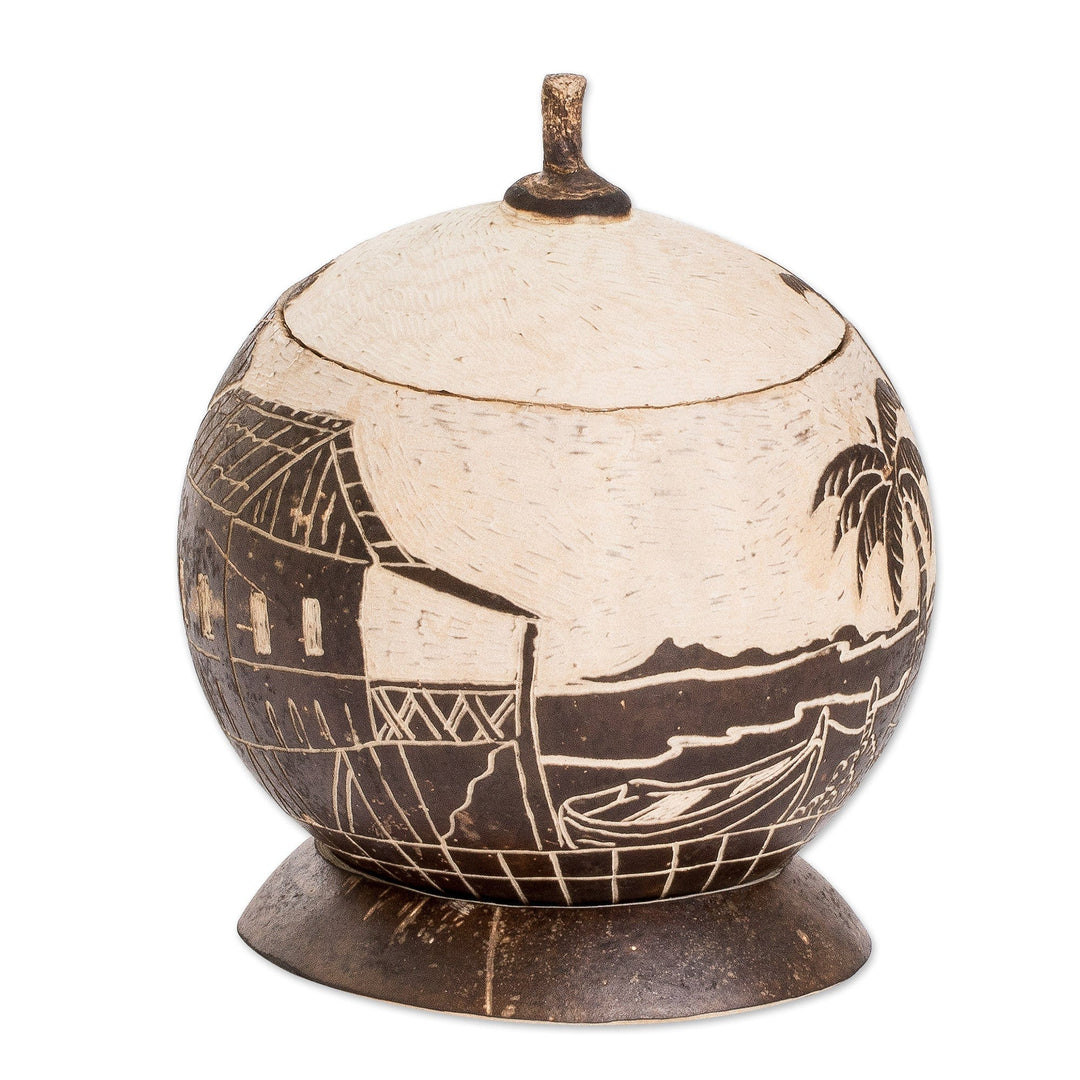 Handmade Round Dried Gourd Caribbean Town Decorative Accent - Caribbean Landscape