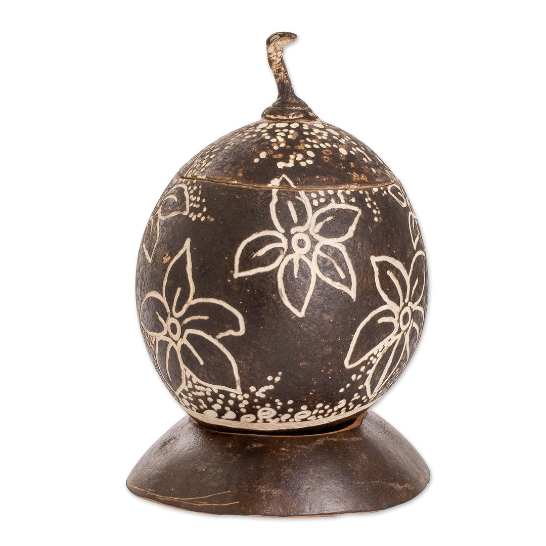 Tropical Floral Handmade Round Dried Gourd Decorative Accent - Caribbean Flowers