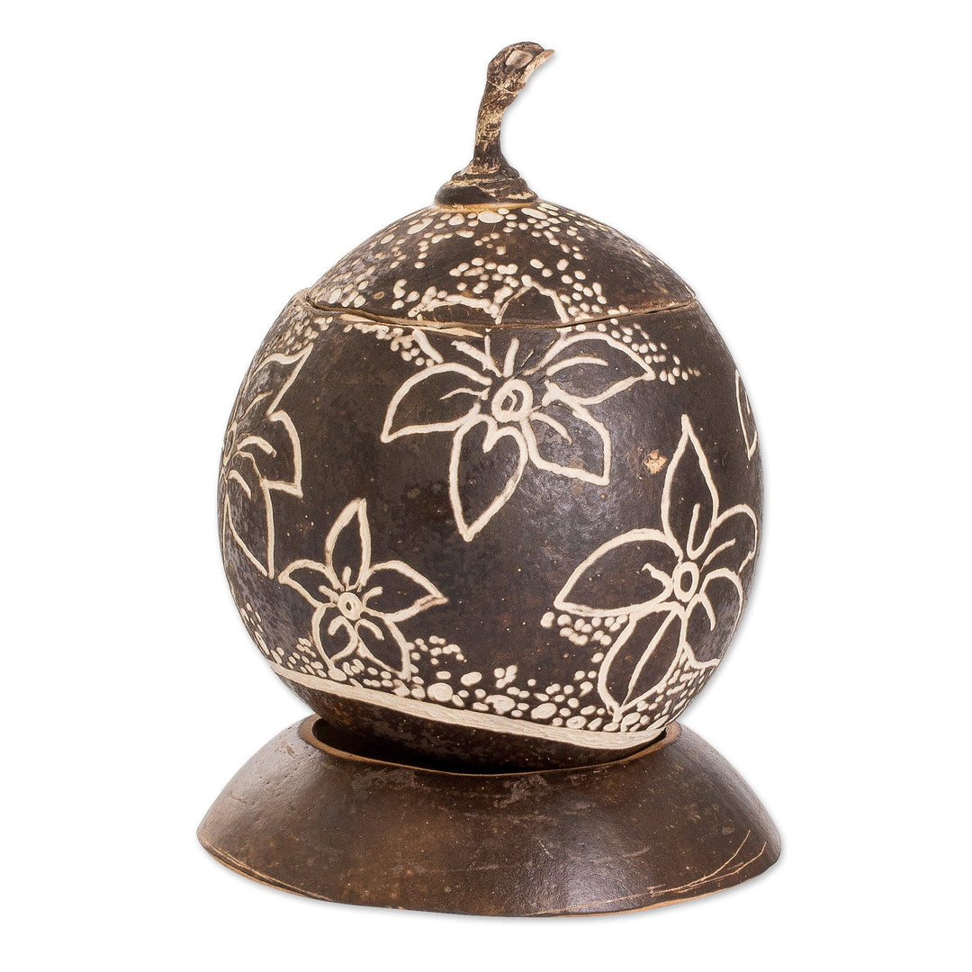 Tropical Floral Handmade Round Dried Gourd Decorative Accent - Caribbean Flowers