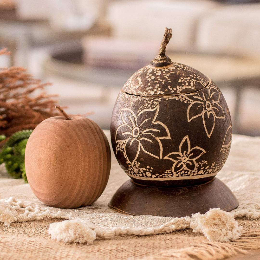 Tropical Floral Handmade Round Dried Gourd Decorative Accent - Caribbean Flowers