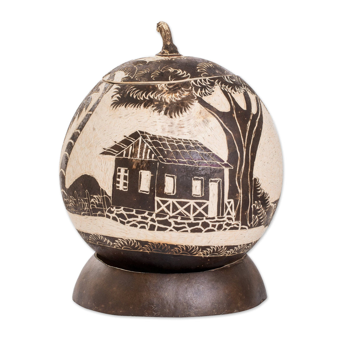 Caribbean Town Landscape Round Dried Gourd Decorative Accent - Caribbean Landscape